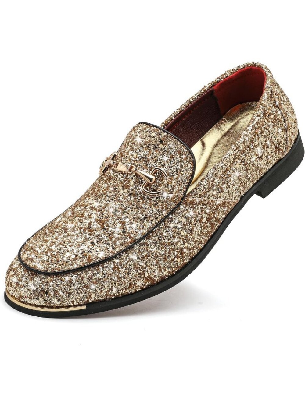 Men's Gold Rubber Velvet Leather Glitter With Gold Buckle Loafers Slip On Shoes